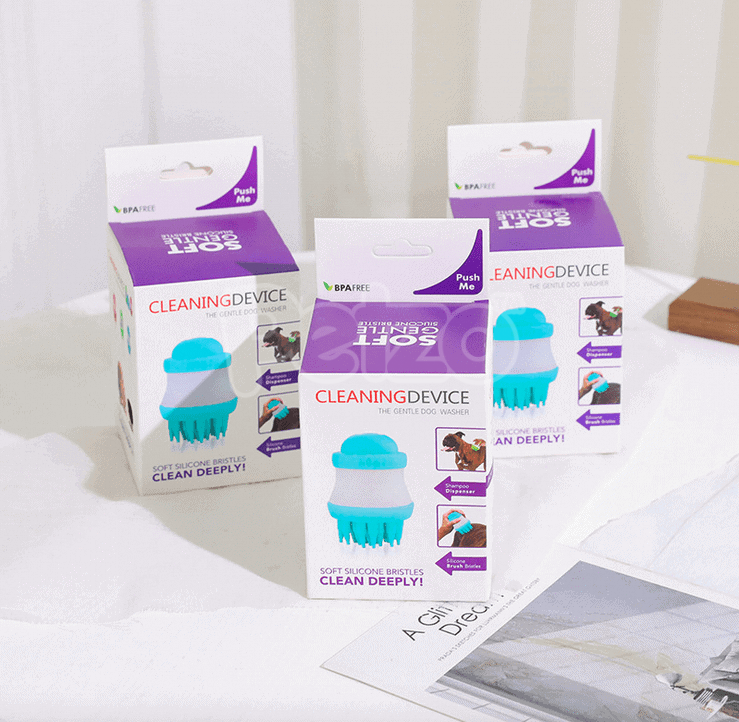 Cepillo de silicona para baño de perros con dispensador