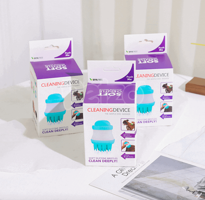 Cepillo de silicona para baño de perros con dispensador