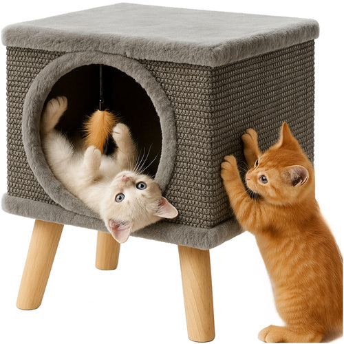Rascador para gatos con cama, casita de sisal estable