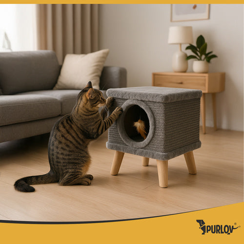 Rascador para gatos con cama, casita de sisal estable