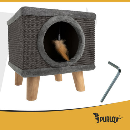 Rascador para gatos con cama, casita de sisal estable
