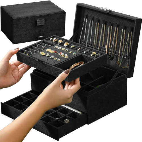 Joyero de capacidad, elegante negro, organizador de joyas