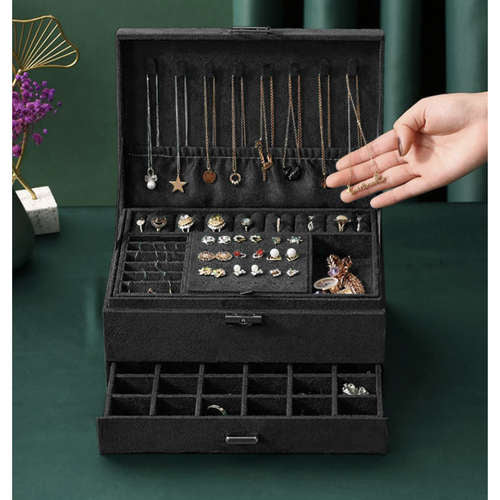 Joyero de capacidad, elegante negro, organizador de joyas