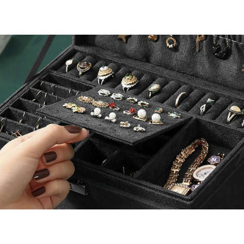 Joyero de capacidad, elegante negro, organizador de joyas