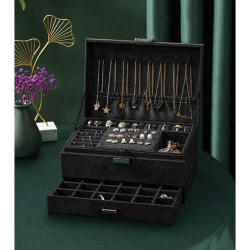 Joyero de capacidad, elegante negro, organizador de joyas